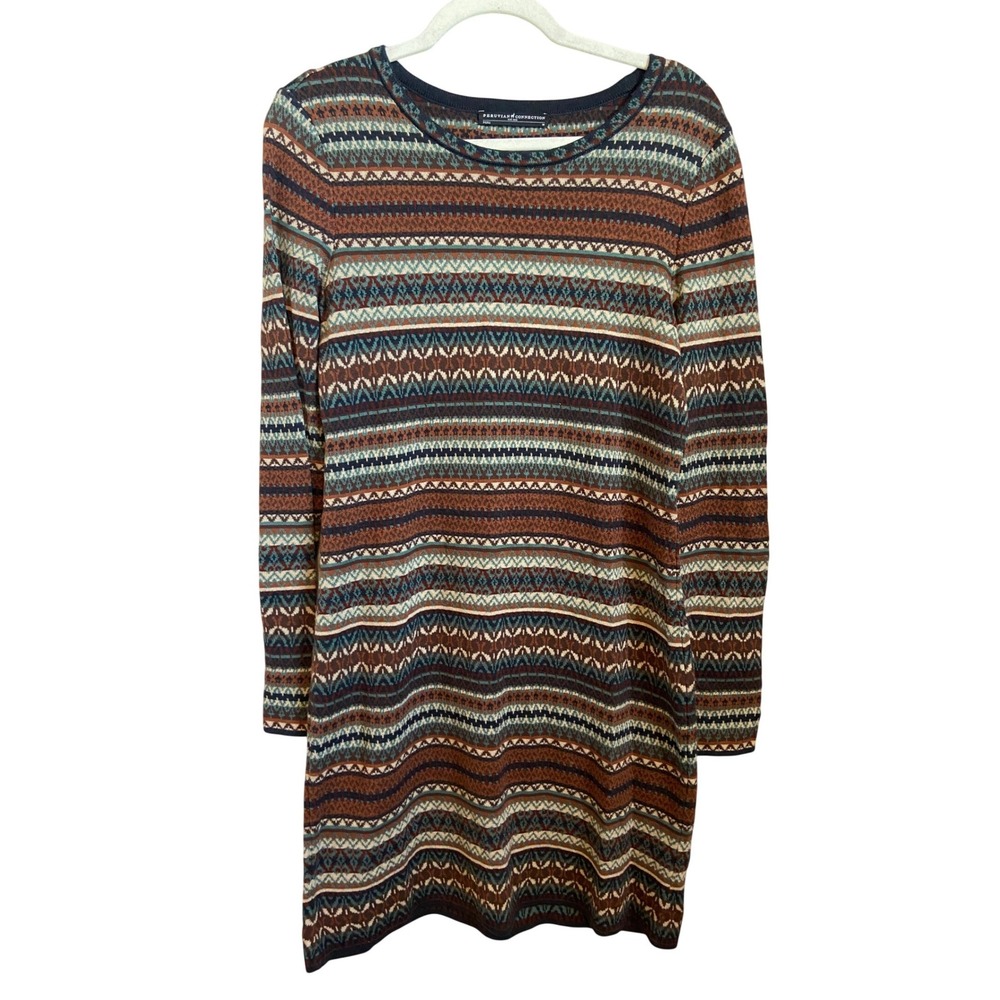 Peruvian Connection Pima Cotton Fair Isle Sweater Dress Brown Teal Womens Medium